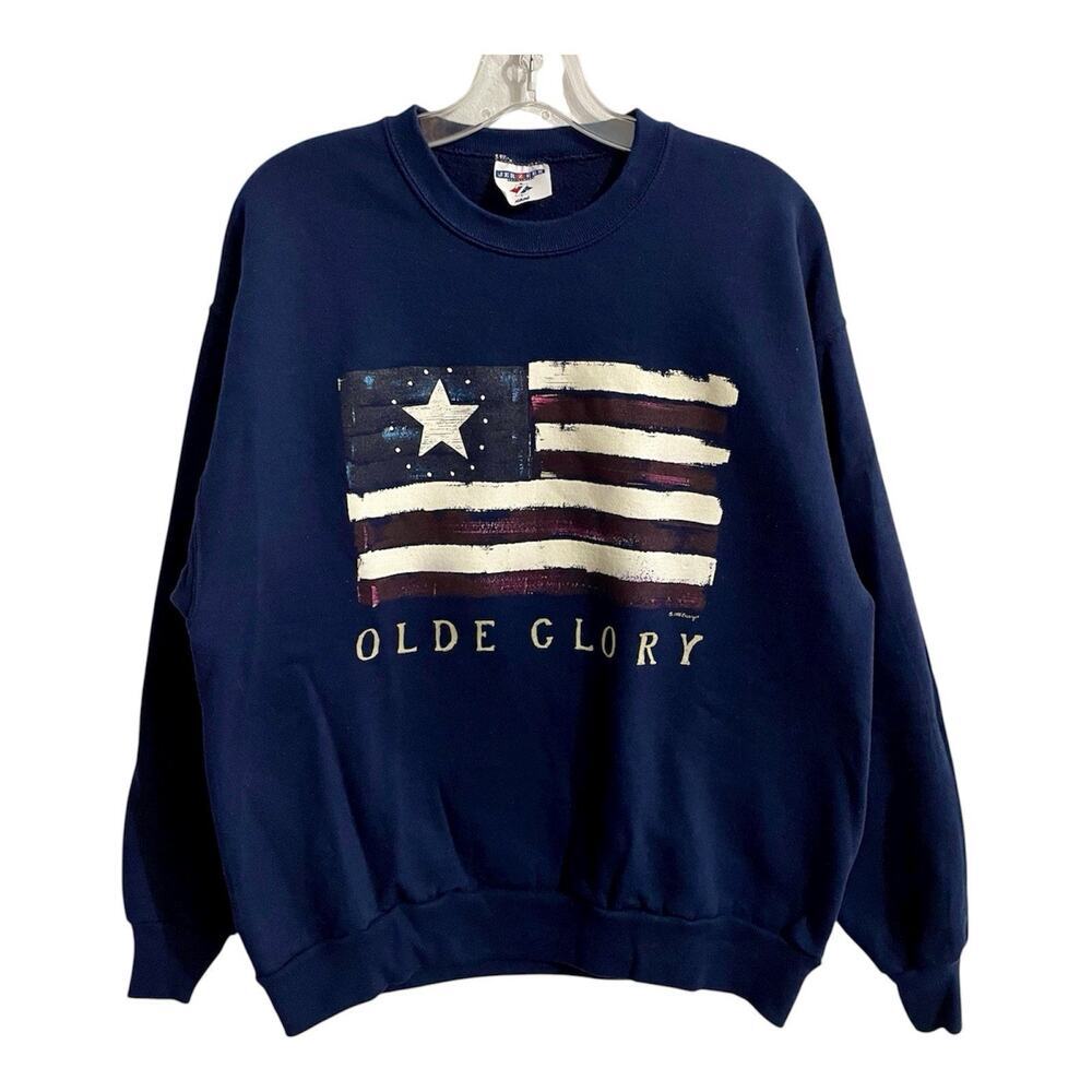 Vintage Jerzees Sweatshirt Size Large Unisex Navy Blue 1995 Olde Glory Flag